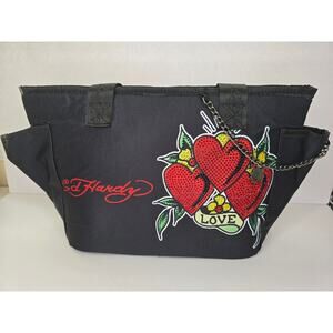 Ed Hardy Rhinestone Love Hearts Lunch Tote with Thermal Lining